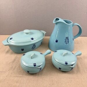 Vintage Cronin Pottery Blue Tulip Cameron Clay 4pc Set Pitcher Casserole